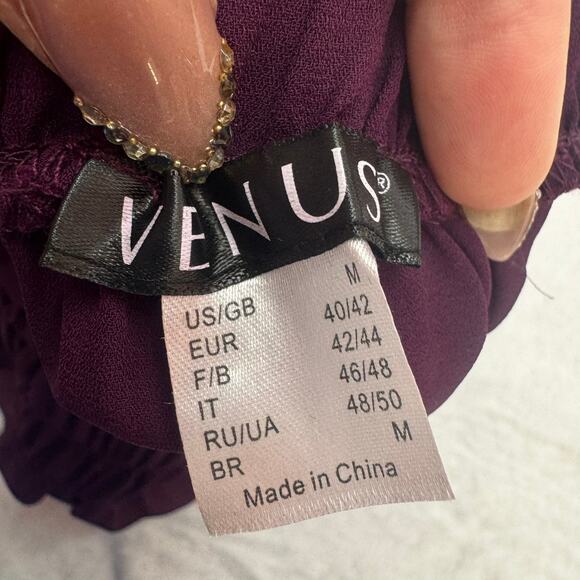 Venus Women's Purple Mock Neck Smocked Blouse Size M Bow at Back Waist Office - Picture 3 of 7